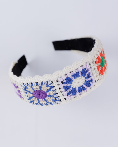Pastel Flower Handmade Crochet Hair Band- White