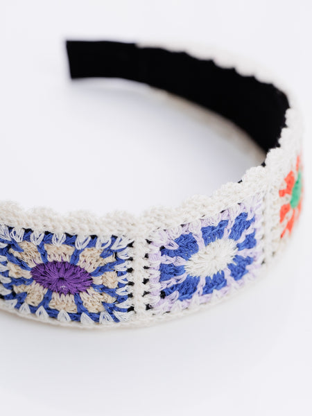 Pastel Flower Handmade Crochet Hair Band- White