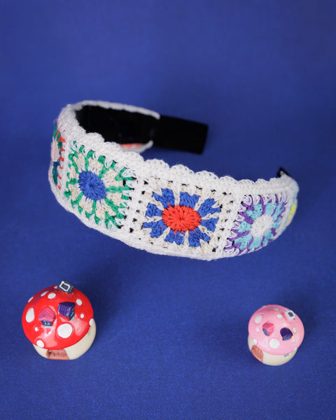 Pastel Flower Handmade Crochet Hair Band- White