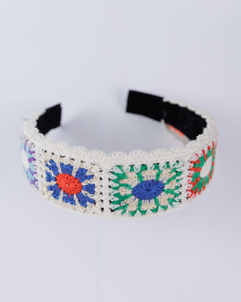 Pastel Flower Handmade Crochet Hair Band- White