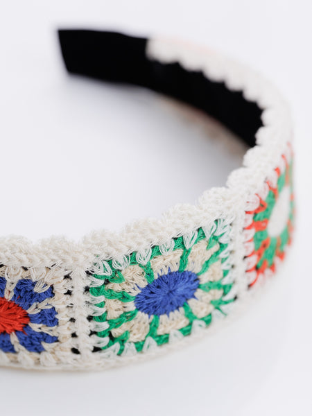 Pastel Flower Handmade Crochet Hair Band- White