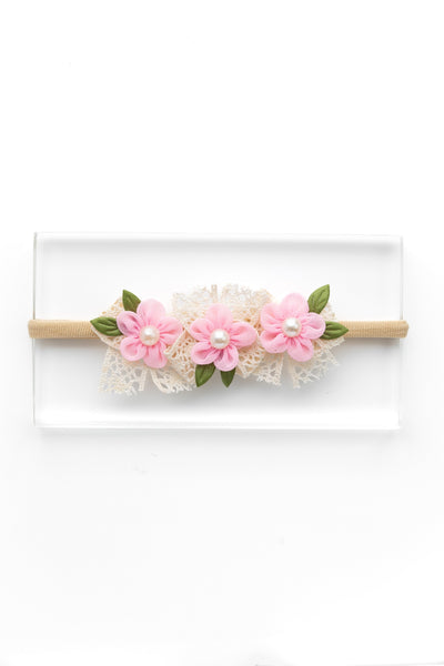 Newborn Three Flower Chiffon & Lace Headband- Light Pink
