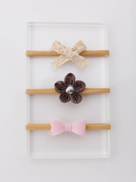 Set of 3 Flower and Bow Headbands - White, Black, Pink