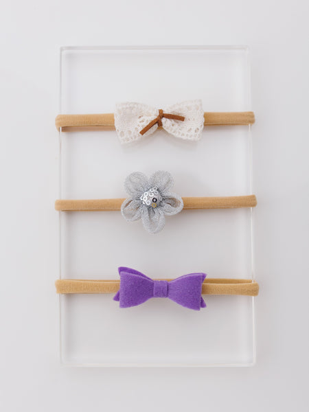 Set of 3 Flower and Bow Headbands - White, Grey, Purple