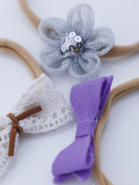 Set of 3 Flower and Bow Headbands - White, Grey, Purple