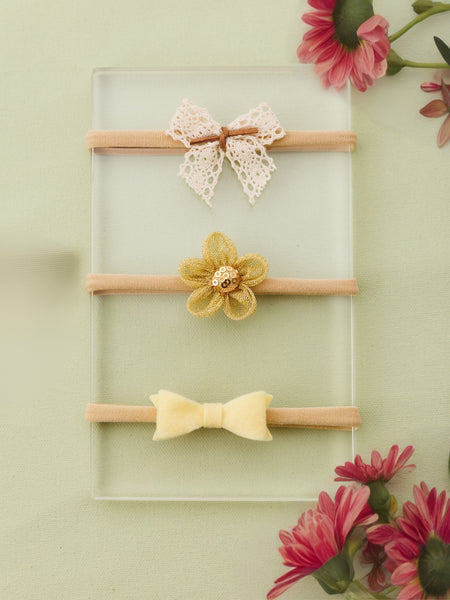 Set of 3 Flower and Bow Headbands - White, Golden, Yellow