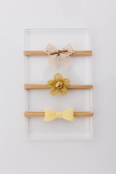 Set of 3 Flower and Bow Headbands - White, Golden, Yellow