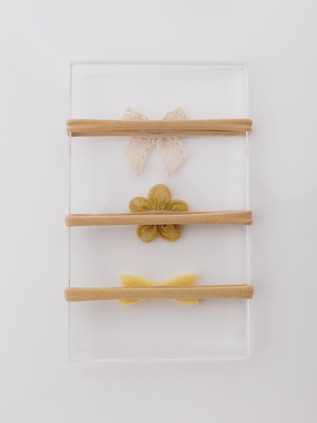 Set of 3 Flower and Bow Headbands - White, Golden, Yellow