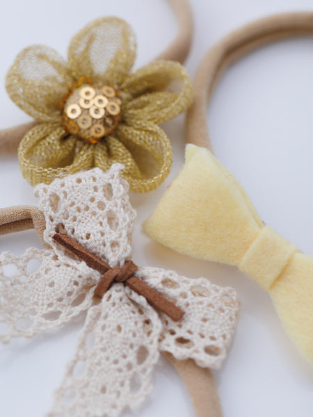 Set of 3 Flower and Bow Headbands - White, Golden, Yellow