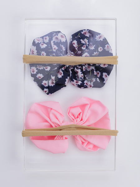 Oversized Heart Bow Head Bands Set- Pink & Dark Blue