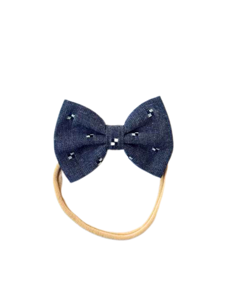Indigo Denim Bow Headband- Grey