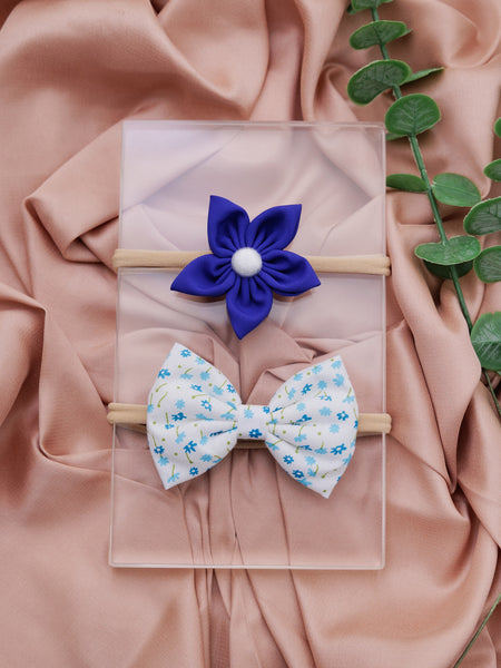 Set of 2 White Floral Bow & Blue Flower Headband Set- White & Blue