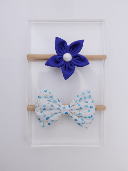 Set of 2 White Floral Bow & Blue Flower Headband Set- White & Blue