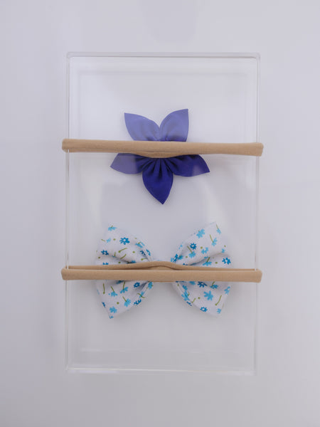 Set of 2 White Floral Bow & Blue Flower Headband Set- White & Blue