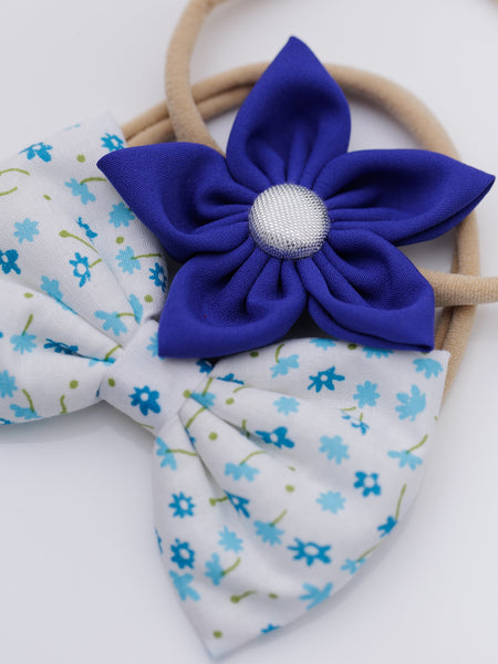 Set of 2 White Floral Bow & Blue Flower Headband Set- White & Blue