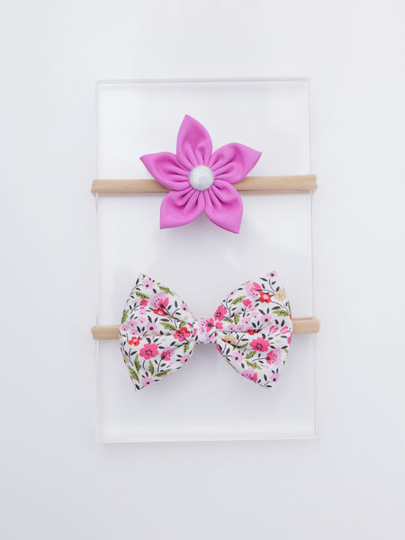 Set of 2 White Floral Bow & Purple Flower Headband Set- White & Purple