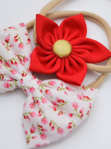 Set of 2 White Floral Bow & Purple Flower Headband Set- White & Red