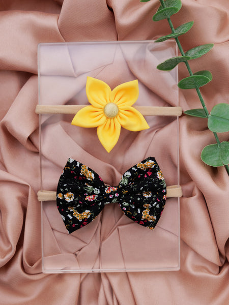 Set of 2 Black Floral Bow & Yellow Flower Headband Set- Black & Yellow