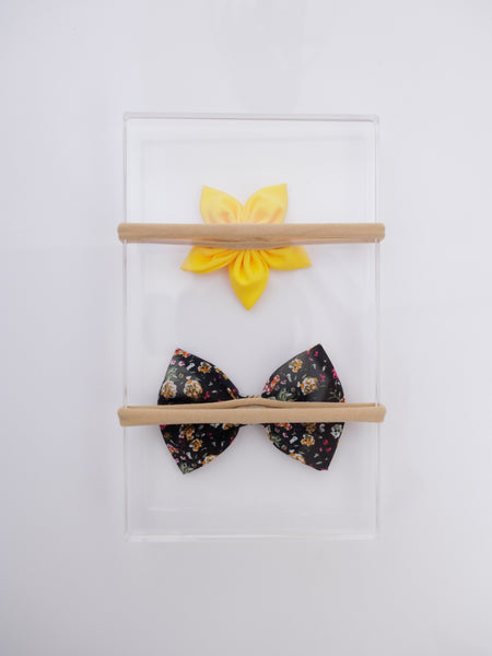 Set of 2 Black Floral Bow & Yellow Flower Headband Set- Black & Yellow