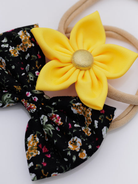 Set of 2 Black Floral Bow & Yellow Flower Headband Set- Black & Yellow