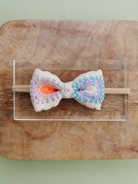 Pastel Petal Bow Crochet Head Band- White