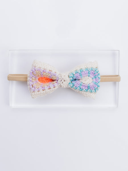 Pastel Petal Bow Crochet Head Band- White