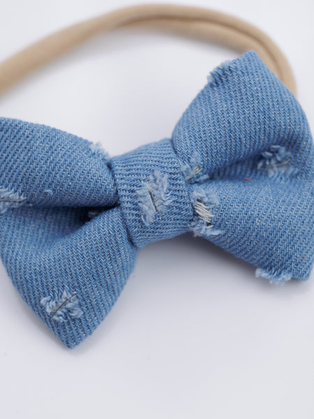Ripped Denim Bow Head Band- Blue