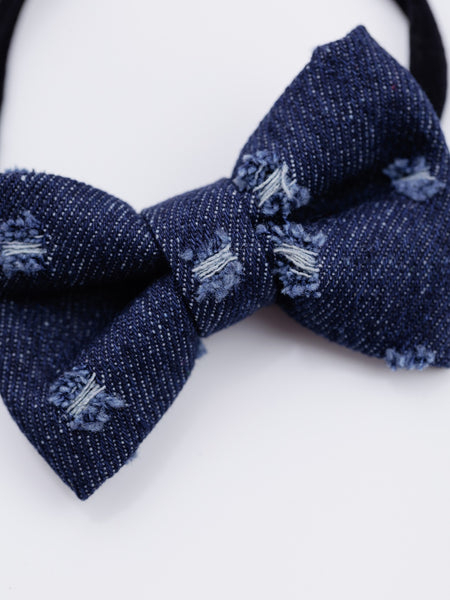 Ripped Denim Bow Head Band- Dark Blue