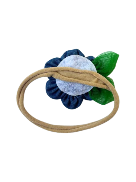 Knotty Ribbons Denim Flower With Leaves Headband- Blue