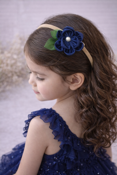 Knotty Ribbons Denim Flower With Leaves Headband- Blue