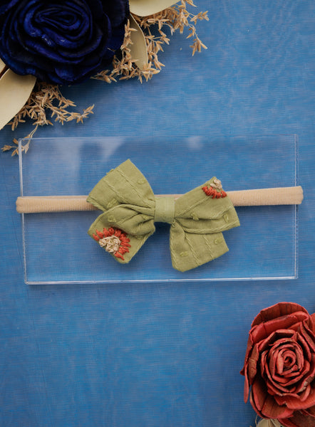 Sunflower Embroidered Bow Headband- Heena Green