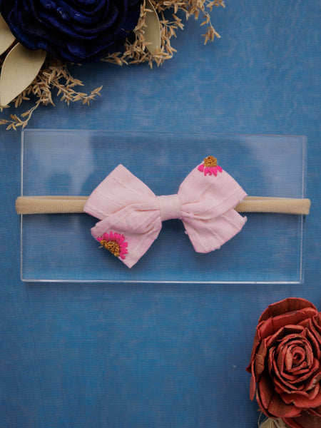 Sunflower Embroidered Bow Headband-Light Pink