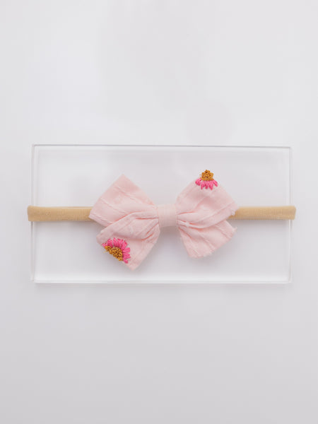 Sunflower Embroidered Bow Headband-Light Pink