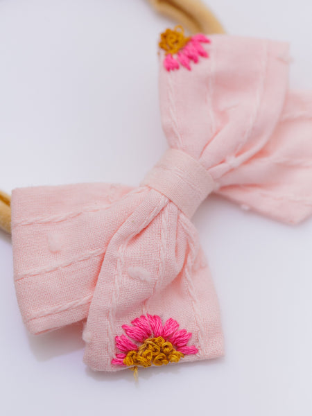 Sunflower Embroidered Bow Headband-Light Pink