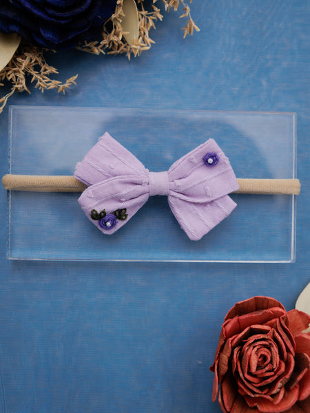 Purple Floral Embroidery with Pearl Center Bow Headband- Lavender