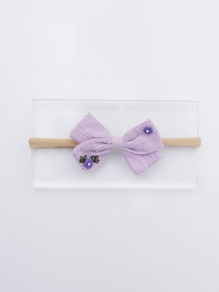 Purple Floral Embroidery with Pearl Center Bow Headband- Lavender