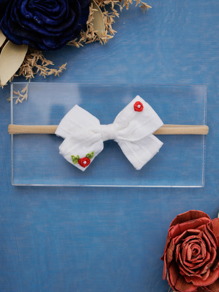 Red Flower Embroidery with Pearl Center Bow Headband- White