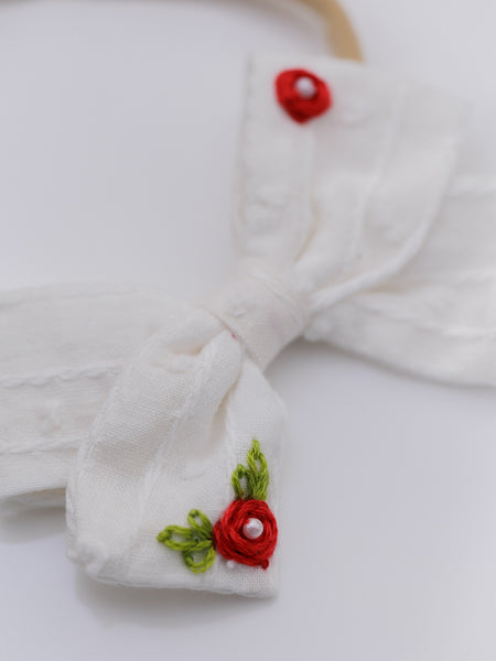 Red Flower Embroidery with Pearl Center Bow Headband- White