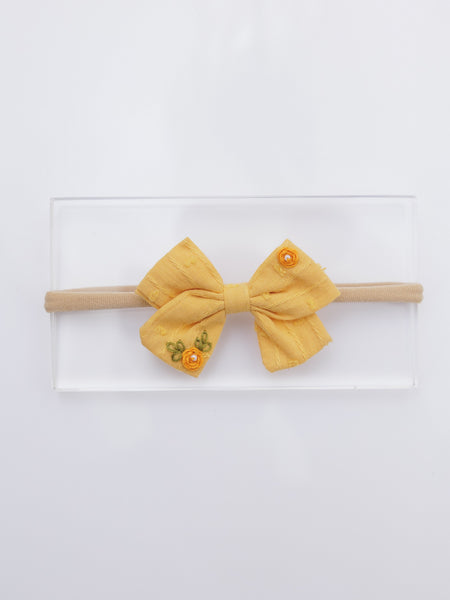 Orange Flower Embroidered Bow Headband- Yellow