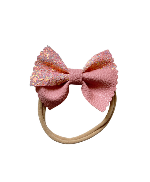 Glitter & Faux Leather Bow Headband- Pink
