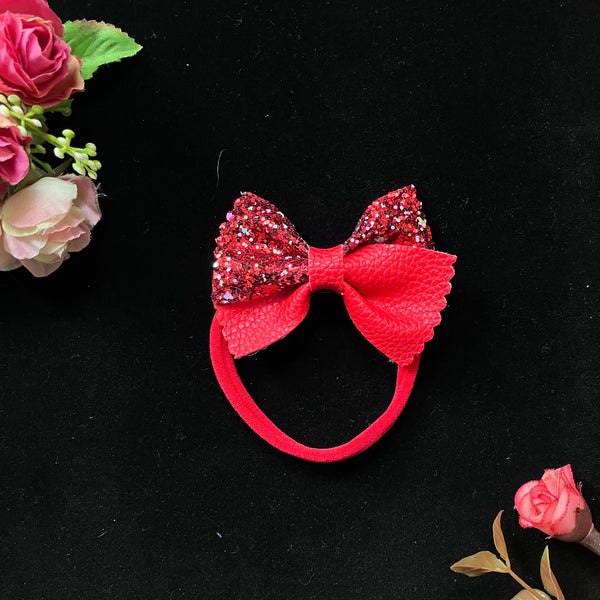 Glitter & Faux Leather Bow Headband- Red