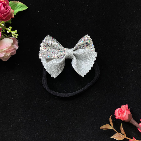 Glitter & Faux Leather Bow Headband- Silver