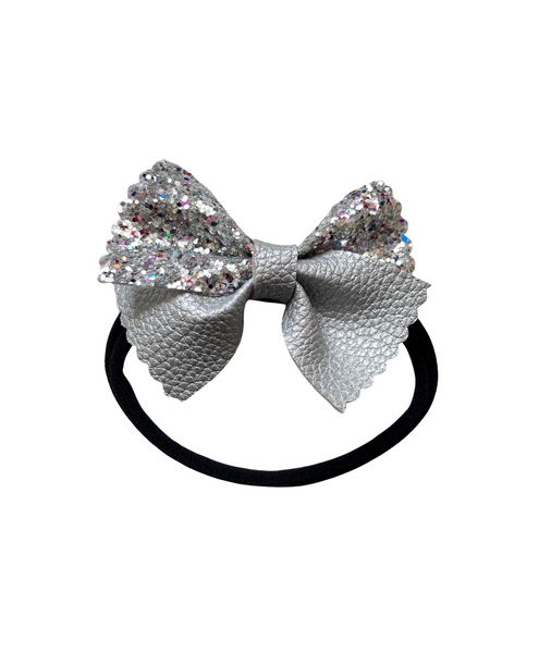 Glitter & Faux Leather Bow Headband- Silver