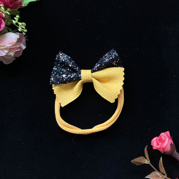 Glitter & Faux Leather Bow Headband- Yellow