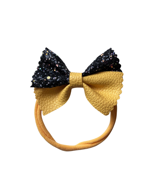 Glitter & Faux Leather Bow Headband- Yellow