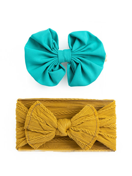 Over Sized Bow Headband & Head Wrap Set- Green & Mustard