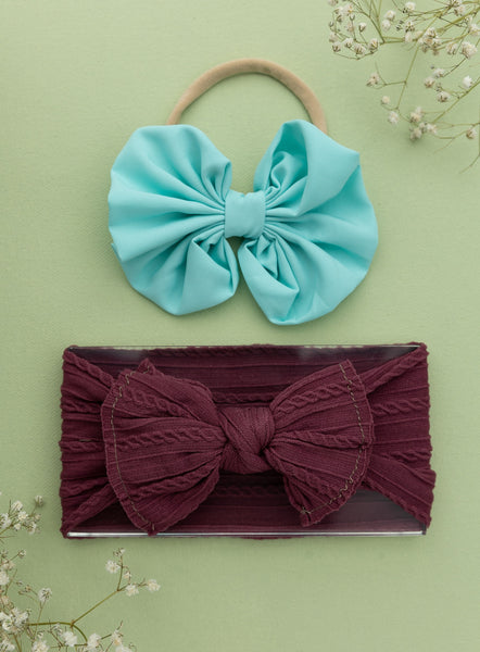 Over Sized Bow Headband & Head Wrap Set-  Light Blue & Wine