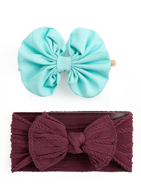 Over Sized Bow Headband & Head Wrap Set-  Light Blue & Wine