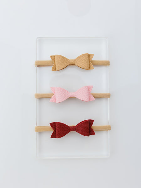 Set of 3 Leather Bow Nylon Headbands - Pink, Cream, Maroon
