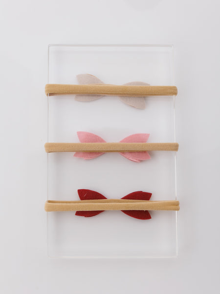 Set of 3 Leather Bow Nylon Headbands - Pink, Cream, Maroon